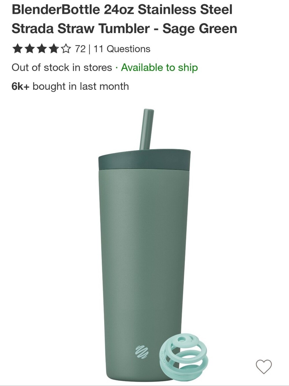 Blender Bottle 24oz Stainless Steel Strada Straw Tumbler - Sage Green